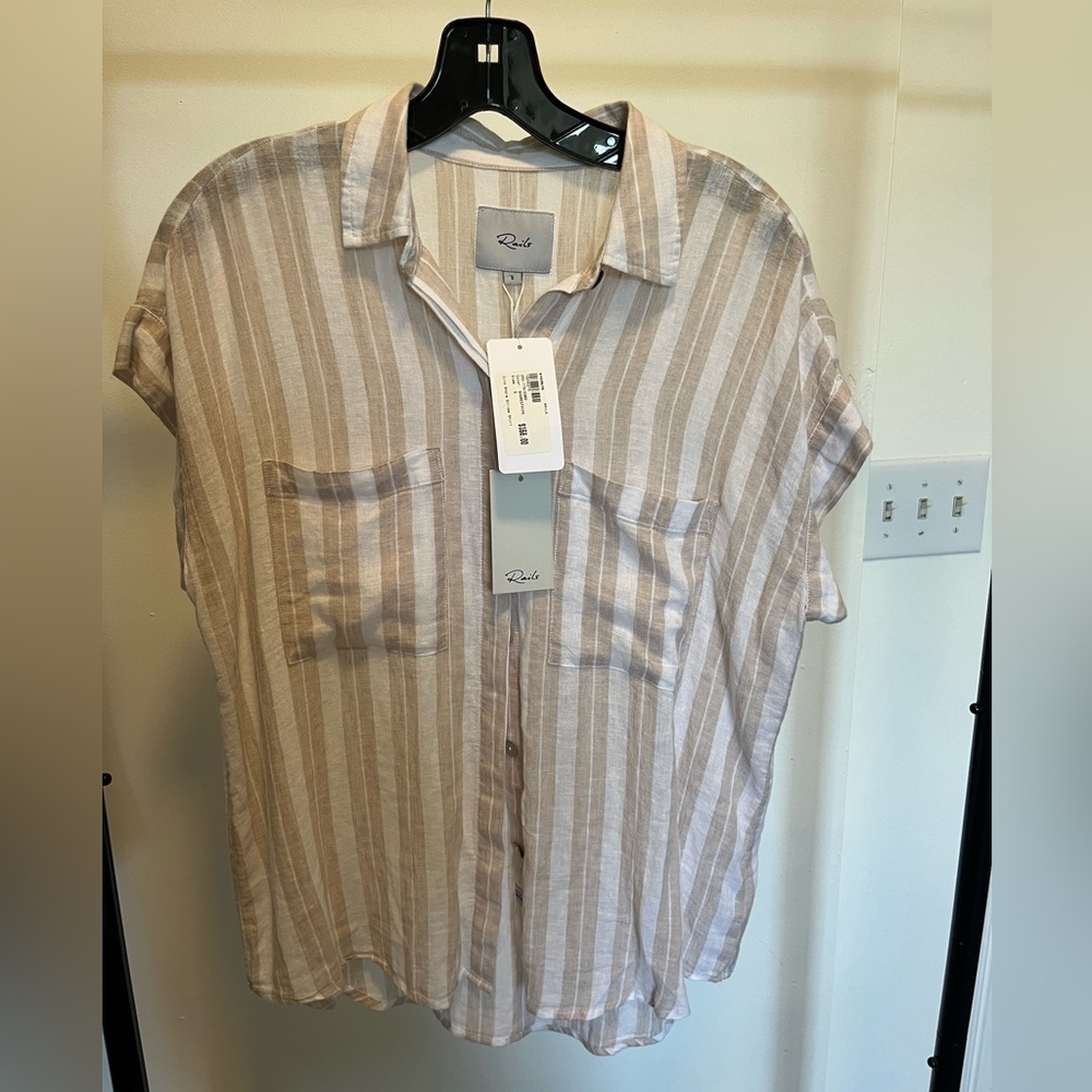 NWT Rails Cita Shore Stripe short sleeve blouse cream and khaki colors